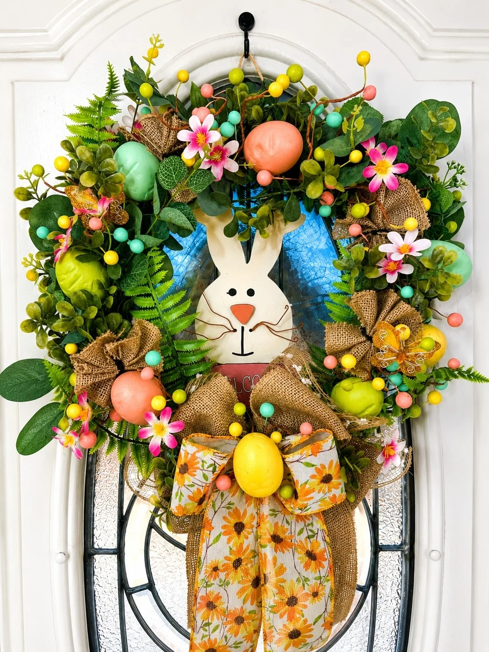 Spring Bunny Easter Wreath with Pastel Eggs - Home Holiday Decor
